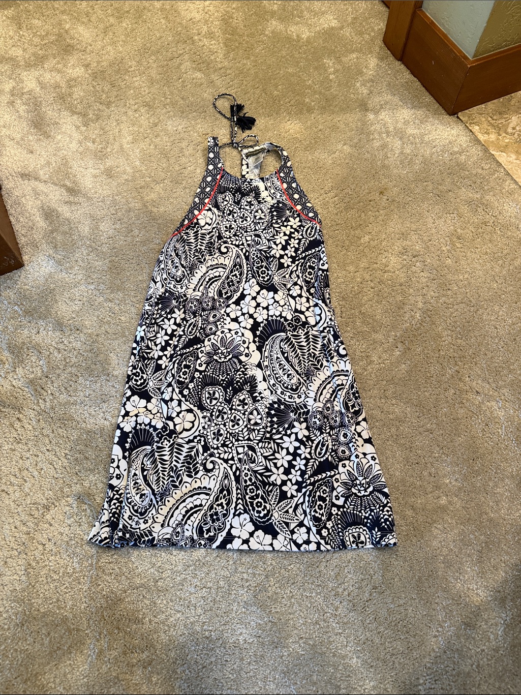 Tommy Bahama Size Xs Blue & White Paisley Halter Dress With Tassel Tie